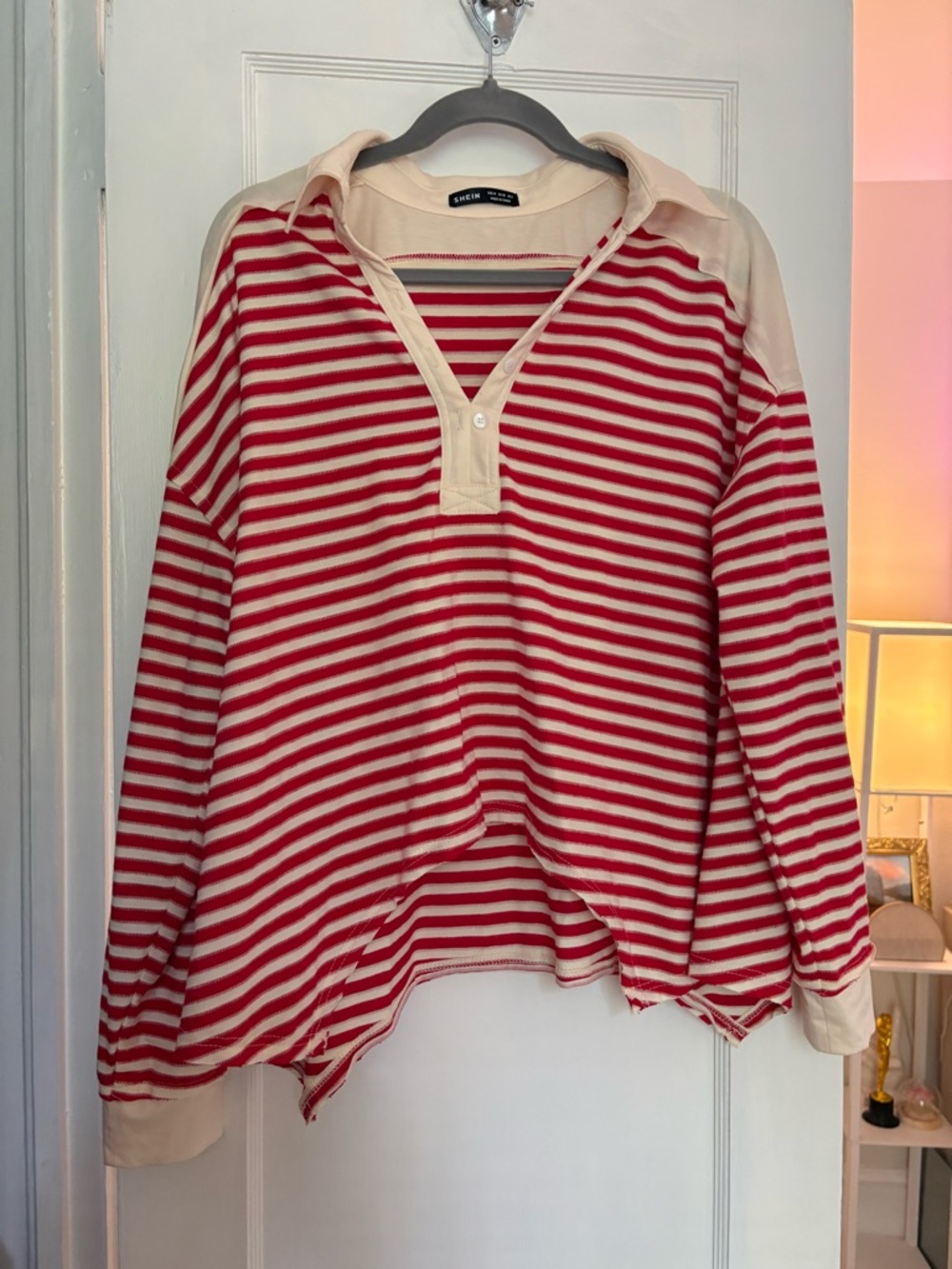 SHEIN Red & Cream Striped Rugby Shirt